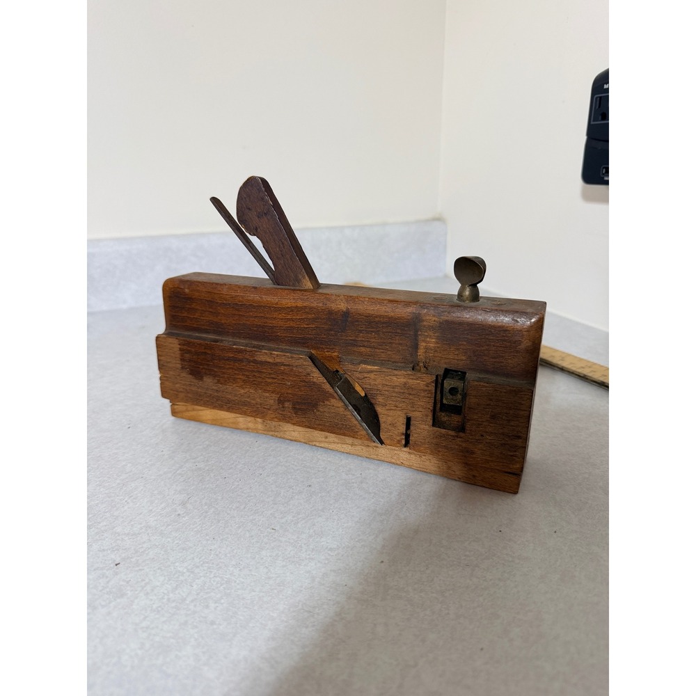 Antique C. REED Wooden Fillister Rabbet Plane Woodworking Tool Primitive Brass